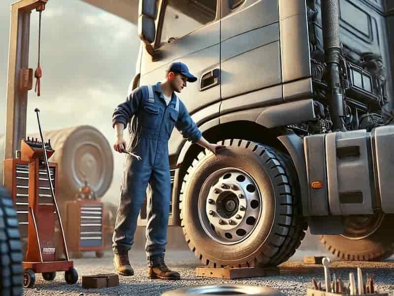 Mecanico controla rueda de camion